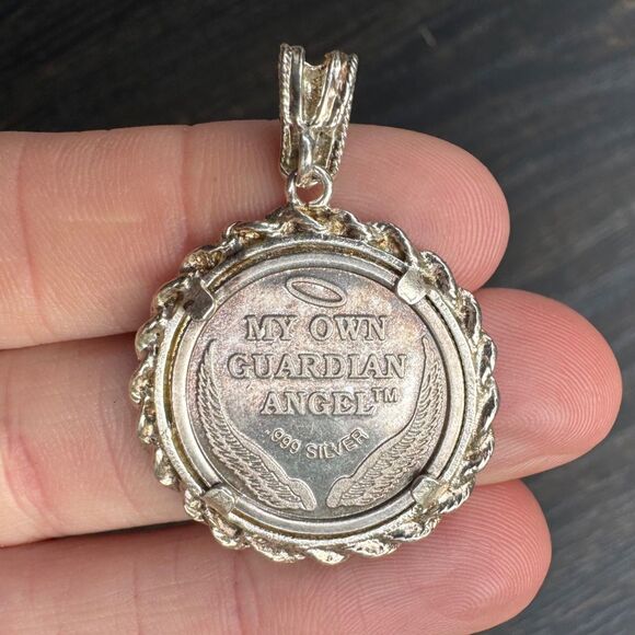Vintage My Own Guardian Angel 999 Pure Silver Coin in 925 Sterling Pendant - Picture 7 of 9